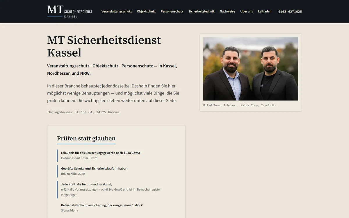 Home page of the MT Sicherheitsdienst Kassel website